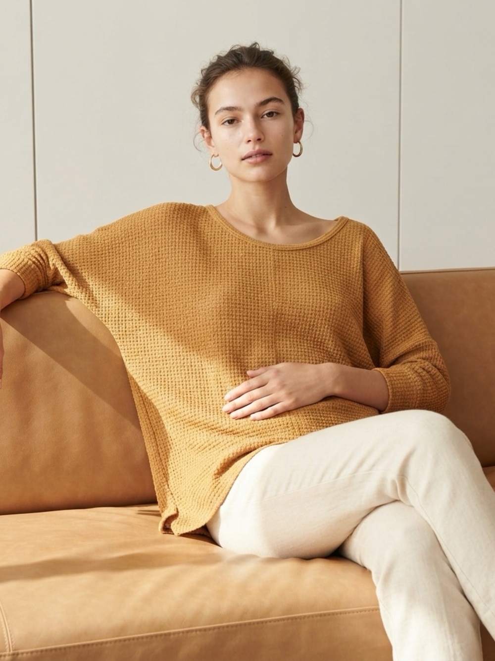 Dokotoo Waffle Knit Long Sleeve Shirt Womens Large NWT Brown Tan Side Slit Tee - Picture 1 of 10